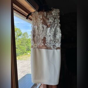White Appliqué / Lace Mesh Fitted Dress